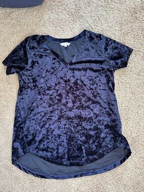 Amaryllis Crushed Velvet V-Neck Short Sleeve Top - Navy Blue